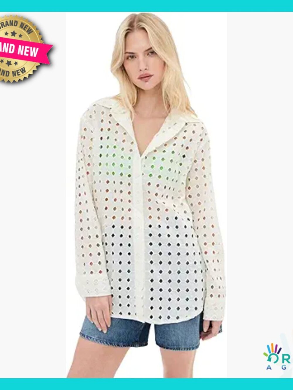 Long Sleeve Button Down Shirt Eyelet Fabric Classic Elegant Minimal Chic